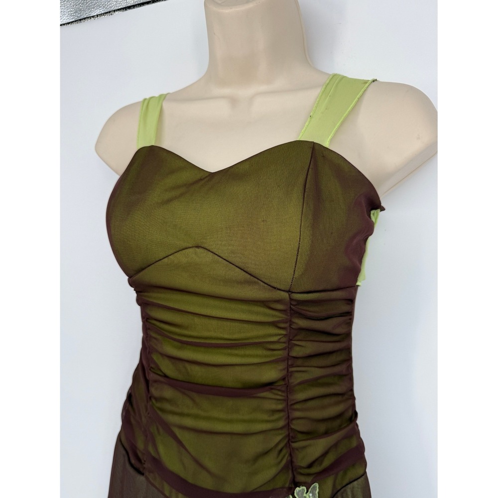 Brown‎ Lime Mesh Hi Low Dress Y2K Fairycore Ruched Asymmetrical Forest Grunge - Picture 4 of 16